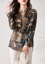 Load image into Gallery viewer, Retro Coffee Print Rivet Patchwork Cotton Shirts Top Long Sleeve