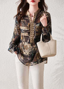 Retro Coffee Print Rivet Patchwork Cotton Shirts Top Long Sleeve