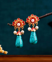 Load image into Gallery viewer, Retro Colorblock Ancient Gold Overgild Inlaid Pearl Enamel Floral Drop Earrings