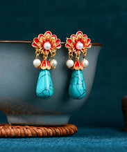 Load image into Gallery viewer, Retro Colorblock Ancient Gold Overgild Inlaid Pearl Enamel Floral Drop Earrings