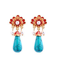 Load image into Gallery viewer, Retro Colorblock Ancient Gold Overgild Inlaid Pearl Enamel Floral Drop Earrings