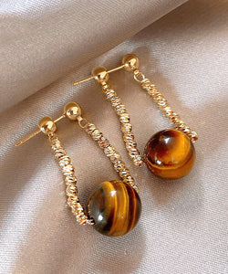 Retro Gold Copper Cat's Eye Stone Wrinkled Hoop Earrings