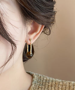 Retro Gold Copper Cat's Eye Stone Wrinkled Hoop Earrings