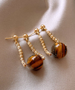 Retro Gold Copper Cat's Eye Stone Wrinkled Hoop Earrings