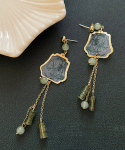 Retro Gold Sterling Silver Overgild Gem Stone Tassel Drop Earrings