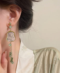 Retro Gold Sterling Silver Overgild Gem Stone Tassel Drop Earrings