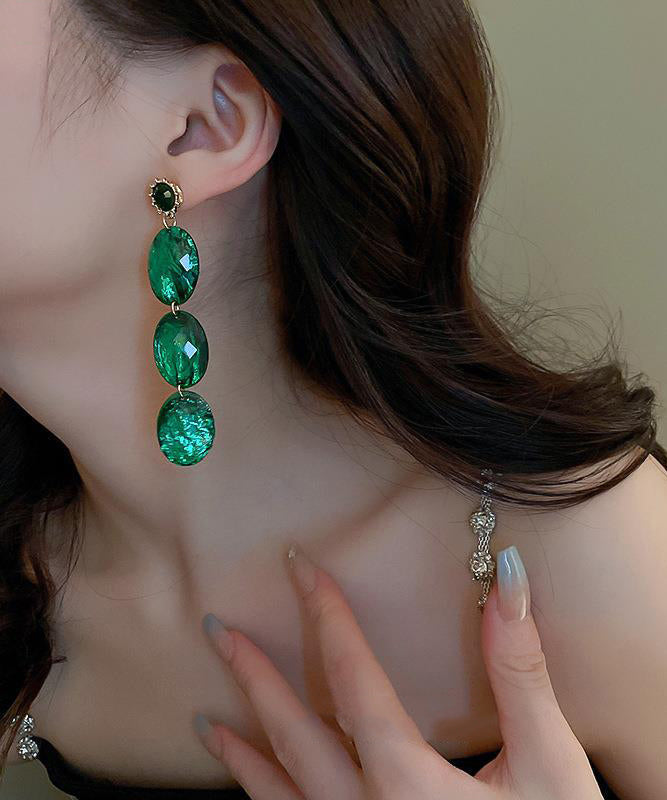 Retro Green Alloy Acrylic Zircon Oval Tassel Drop Earrings