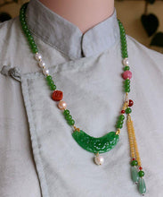 Load image into Gallery viewer, Retro Green Jade Agate Pearl Coloured Glaze Tassel Pendant Necklace