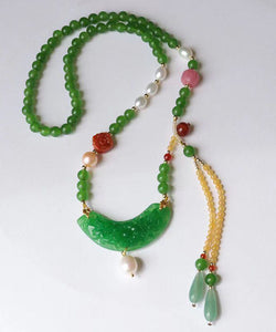 Retro Green Jade Agate Pearl Coloured Glaze Tassel Pendant Necklace