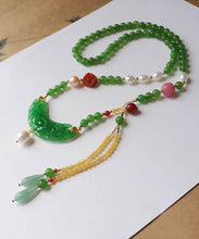 Load image into Gallery viewer, Retro Green Jade Agate Pearl Coloured Glaze Tassel Pendant Necklace