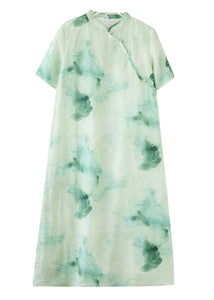 Retro Green Print Button Maxi Dresses Summer