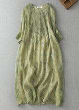 Load image into Gallery viewer, Retro Green V Neck Print Wrinkled Patchwork Linen Dress Summer