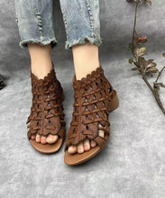 Load image into Gallery viewer, Retro Hollow Out Chunky Sandals Brown Cowhide Leather