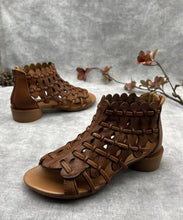 Load image into Gallery viewer, Retro Hollow Out Chunky Sandals Brown Cowhide Leather