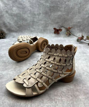 Load image into Gallery viewer, Retro Hollow Out Chunky Sandals Brown Cowhide Leather