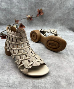 Retro Hollow Out Chunky Sandals Brown Cowhide Leather