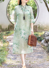 Load image into Gallery viewer, Retro Light Green Stand Collar Print Linen Dress Half Sleeve