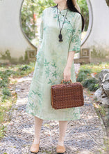 Load image into Gallery viewer, Retro Light Green Stand Collar Print Linen Dress Half Sleeve