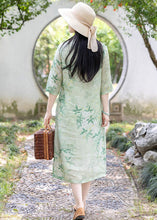 Load image into Gallery viewer, Retro Light Green Stand Collar Print Linen Dress Half Sleeve