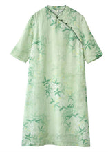 Load image into Gallery viewer, Retro Light Green Stand Collar Print Linen Dress Half Sleeve