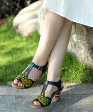 Load image into Gallery viewer, Retro Navy Cowhide Leather print Splicing Buckle Strap Hollow Out Sandals