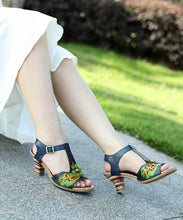 Load image into Gallery viewer, Retro Navy Cowhide Leather print Splicing Buckle Strap Hollow Out Sandals