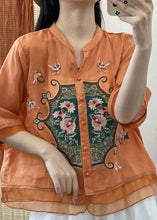 Load image into Gallery viewer, Retro Orange V Neck Embroidered Button Patchwork Linen Shirts Half Sleeve