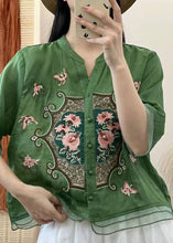 Load image into Gallery viewer, Retro Orange V Neck Embroidered Button Patchwork Linen Shirts Half Sleeve