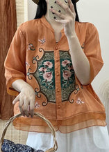 Load image into Gallery viewer, Retro Orange V Neck Embroidered Button Patchwork Linen Shirts Half Sleeve