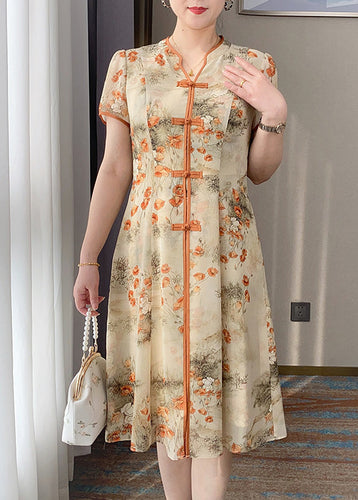 Retro Orange V Neck Print Chinese Button Silk Dress Summer