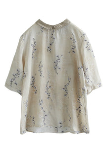 Retro Peter Pan Collar Print Linen Tops Half Sleeve