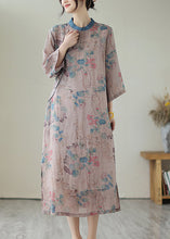 Load image into Gallery viewer, Retro Purple Grey Print Side Open Linen Long Dresses Summer