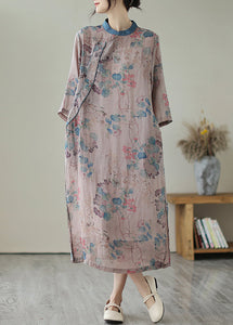 Retro Purple Grey Print Side Open Linen Long Dresses Summer