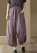 Load image into Gallery viewer, Retro Purple Pockets Print Ramie Crop Pants Summer