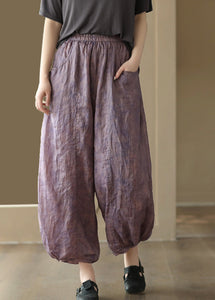 Retro Purple Pockets Print Ramie Crop Pants Summer