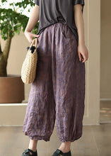 Load image into Gallery viewer, Retro Purple Pockets Print Ramie Crop Pants Summer