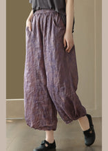 Load image into Gallery viewer, Retro Purple Pockets Print Ramie Crop Pants Summer