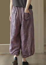 Load image into Gallery viewer, Retro Purple Pockets Print Ramie Crop Pants Summer