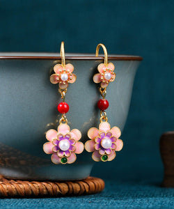 Retro Rainbow Copper Overgild Acrylic Pearl Camellia Drop Earrings