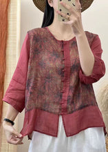 Load image into Gallery viewer, Retro Red Chinese Button Print Patchwork Linen Shirt Tops Bracelet Sleeved