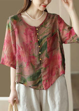 Load image into Gallery viewer, Retro Rose O Neck Asymmetrical Print Linen Top Summer