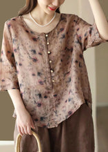 Load image into Gallery viewer, Retro Rose O Neck Asymmetrical Print Linen Top Summer