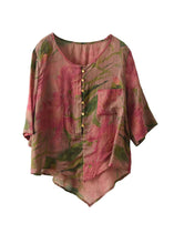 Load image into Gallery viewer, Retro Rose O Neck Asymmetrical Print Linen Top Summer