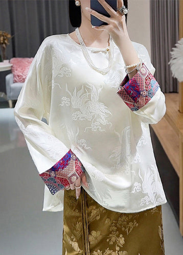 Retro White O Neck Jacquard Silk Blouses Long Sleeve