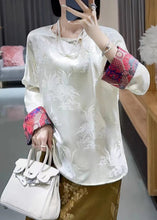 Load image into Gallery viewer, Retro White O Neck Jacquard Silk Blouses Long Sleeve