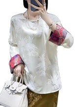 Load image into Gallery viewer, Retro White O Neck Jacquard Silk Blouses Long Sleeve