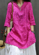 Load image into Gallery viewer, Rose Embroidered Linen Shirts V Neck Bracelet Sleeve