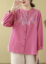 Load image into Gallery viewer, Rose Linen Top Embroidered Stand Collar Button Long Sleeve