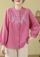 Load image into Gallery viewer, Rose Linen Top Embroidered Stand Collar Button Long Sleeve