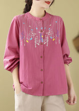 Load image into Gallery viewer, Rose Linen Top Embroidered Stand Collar Button Long Sleeve